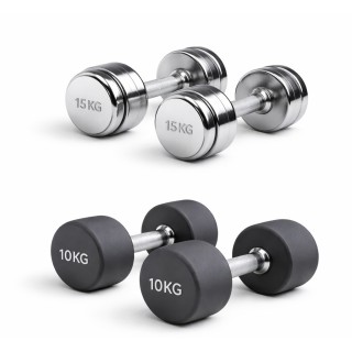 Es sind zwei silbern glänzende 15 Kg Hanteln und zwei schwarze 10 Kg Hanteln zu sehen.