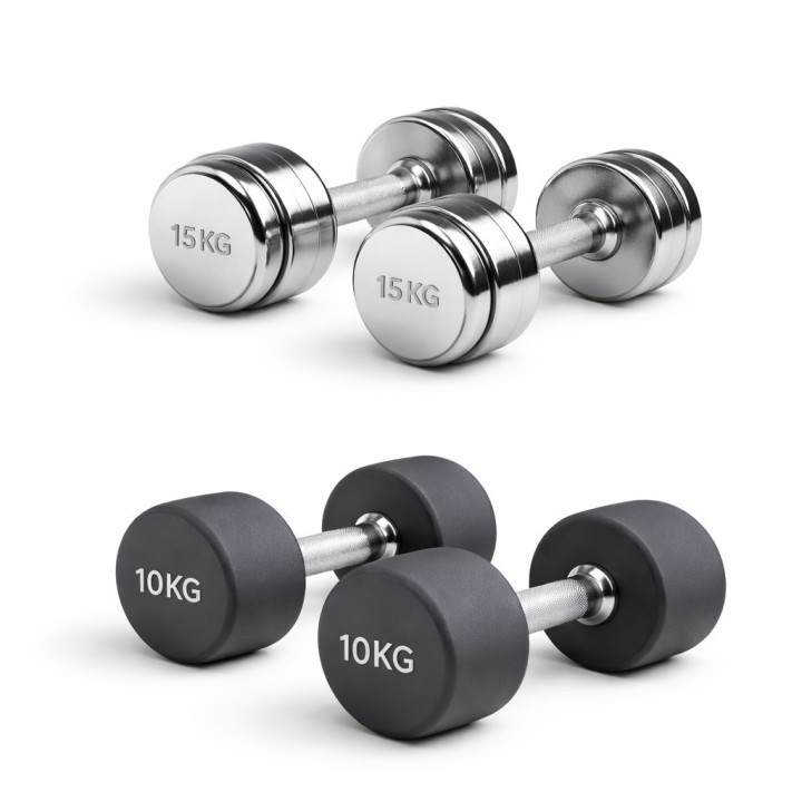 Es sind zwei silbern glänzende 15 Kg Hanteln und zwei schwarze 10 Kg Hanteln zu sehen.