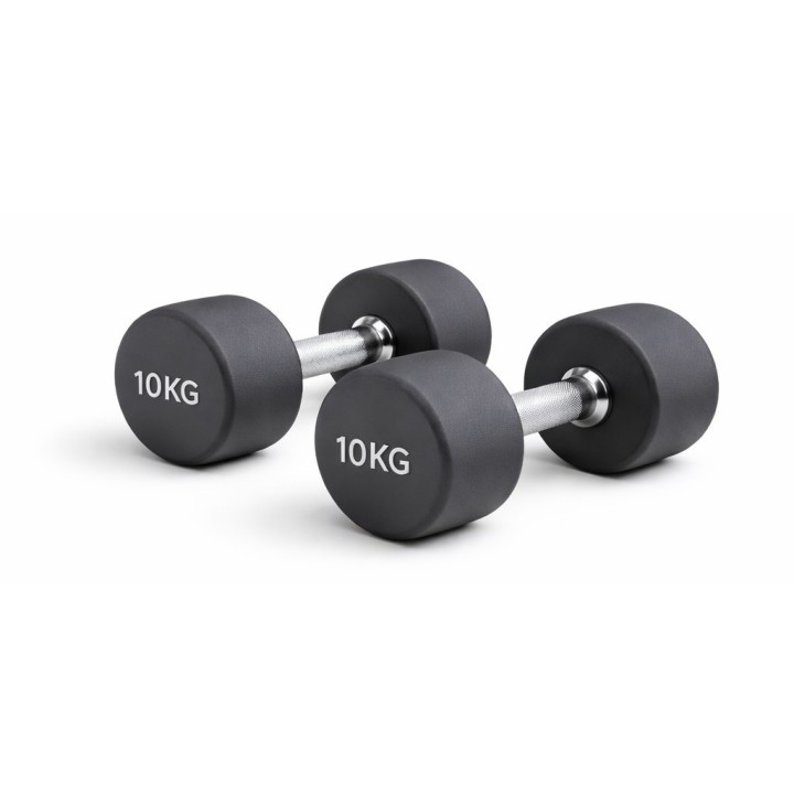 Es sind zwei schwarze 10 Kg Hanteln zu sehen.
