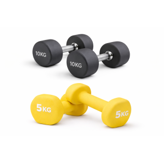 Es sind zwei gelbe gummierte 5 kg Hanteln und zwei schwarze 10 kg Hanteln aus Stahl abgebildet.