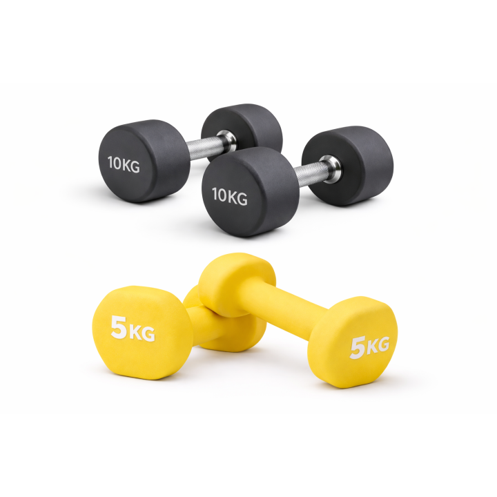 Es sind zwei gelbe gummierte 5 kg Hanteln und zwei schwarze 10 kg Hanteln aus Stahl abgebildet.