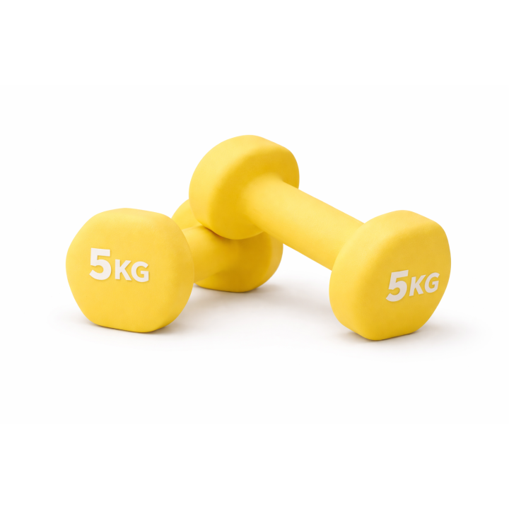 Es sind zwei gelbe 5 Kg Hanteln zu sehen.