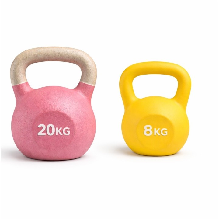 Es sind 2 Kettlebells zu sehen. Eine in der Farbe rosa, welche 20 Kg wiegt und eine gelbe, welche 8 Kg wiegt.